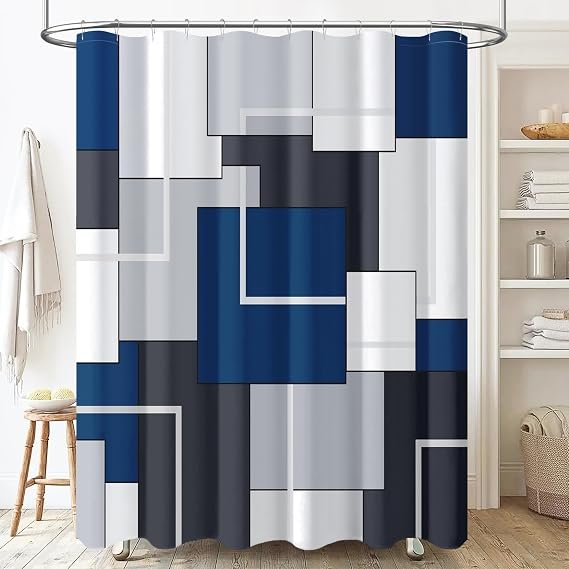 BTTN Navy Geometric Waterproof Fabric Shower Curtain